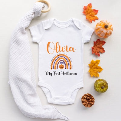 Personalised Baby First Halloween Rainbow Baby Grow Bodysuit 1st Halloween Outfit Cotton BabyGrow Vest Girl Boy Unisex Gift Name - Hoolaroo