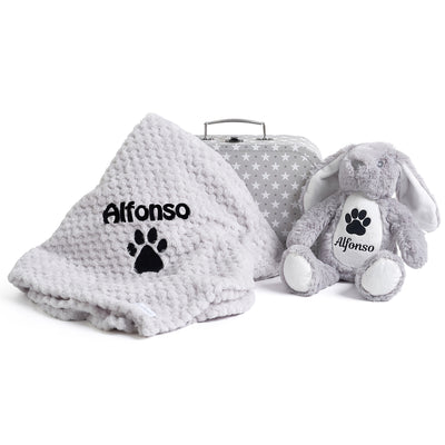 Personalised Dog Gift Set Hamper - Bunny Toy, Embroidered Blanket Hamper Pet Puppy Gifts New Dog Present Plush Custom For Dog