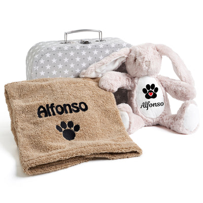 Personalised Dog Gift Set - New Puppy Present with Embroidered Towel, Bunny Toy, and Hamper