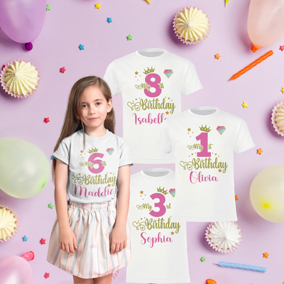 Personalised Birthday T-Shirt for Girls Pink Princess Top 1st 2nd 3rd 4th 5th 6th 7th 8th 9th 10th 11th 12th Party Outfit - Hoolaroo