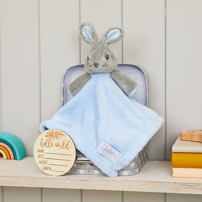 Hoolaroo Personalised Baby Boy Gift New Born Baby Comforter Blue In Suitcase Gift Box With Wooden Milestone Card Newborn Present First Soft Toy Unique Blue Keepsake Shower - Hoolaroo