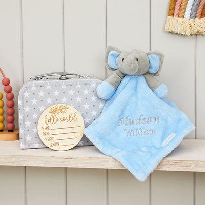Hoolaroo Personalised Baby Boy Gift New Born Baby Comforter Blue In Suitcase Gift Box With Wooden Milestone Card Newborn Present First Soft Toy Unique Blue Keepsake Shower - Hoolaroo