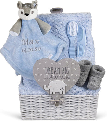 Personalised Baby Gift Basket for Boys - Large White Hamper, Blue Deer Comforter, Cot Blanket, Brush & Comb Set, Booties, Plaque - Hoolaroo