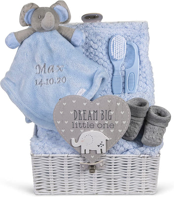 Personalised Baby Gift Basket for Boys Blue Baby Gift Hamper Basket - Large White Hamper, Blue Personalised Elephant comforter 30cm, breathable waffle supersoft cot blanket 90x70cm, brush and comb set, Baby booties, Dream big little one baby plaque - Hoolaroo