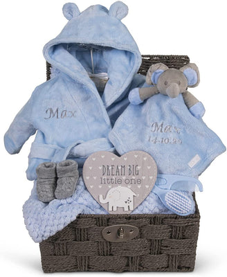Personalised Baby Gift Basket for Boys Blue Baby Large Gift Hamper - Elephant Comforter, Dressing Gown, Cot Blanket, Booties, Baby Plaque - Hoolaroo