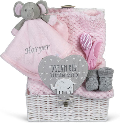 Personalised Baby Gift Basket for Girls Pink Baby Gift Hamper Basket - Hoolaroo