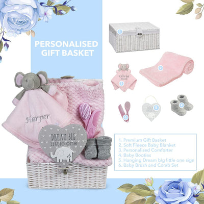 Personalised Baby Gift Basket for Girls Pink Baby Gift Hamper Basket - Hoolaroo