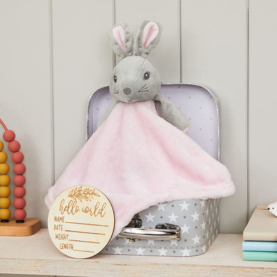 Hoolaroo Personalised Baby Girl Gift New Born Baby Comforter Pink Elephant In Suitcase Gift Box With Wooden Milestone Card Newborn Present First Soft Toy Unique Pink Keepsake Shower Bunny - Hoolaroo