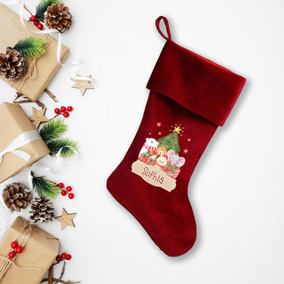 Personalised Embroidered Red Plush Christmas Stocking with Baby Kids Jungle Name - Perfect Gift for Kids! - Hoolaroo
