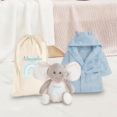 Personalised Blue Baby Dressing Gown Gift Set with Elephant Bag - Rainbow Design for Newborn Boy - Hoolaroo