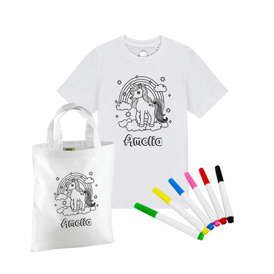 Personalised Colouring in T shirt, + Colour Your Own Bag, Washable Pens, Design Your Own Tshirt, Unicorn Gift Set For Girls - Hoolaroo