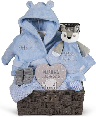 Personalised Baby Gift Basket for Boys - Blue Deer Comforter, Dressing Gown, Cot Blanket, Booties, Baby Plaque - Hoolaroo