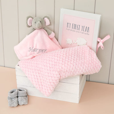 Personalised Baby Girl Gift Set - Comforter, Blanket, Record Book, Wooden Keepsake Box - Perfect Newborn Gift Idea! - Hoolaroo