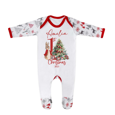 Personalised Christmas Sleepsuit Pyjamas for Kids – My First Christmas Xmas PJS with Bunny Rabbit Design 1st - Hoolaroo