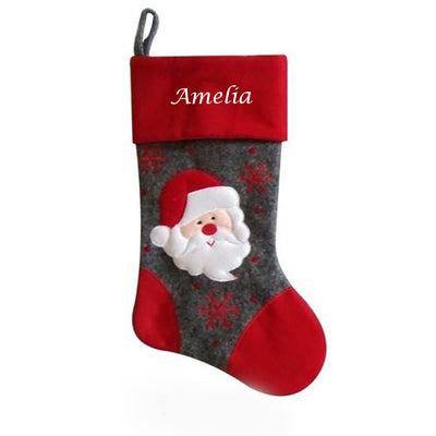 Personalised Embroidered Christmas Grey Red Stocking Santa 40cm - Hoolaroo