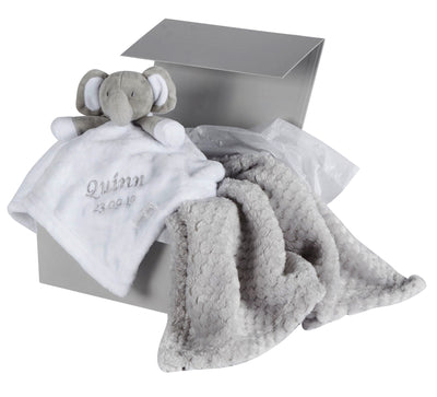 Personalised Embroidered Baby White Elephant Silver Blanket Gift Set - Hoolaroo