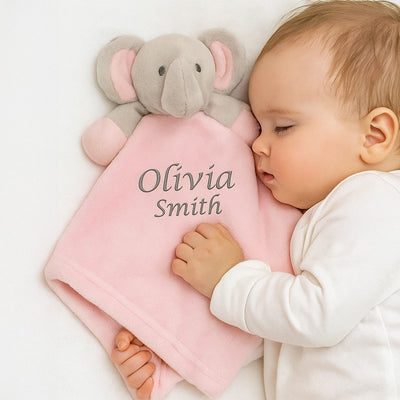 Personalised Embroidered Baby Pink Elephant Silver Blanket Gift Set