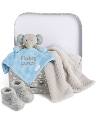 Personalised Embroidered Baby Blue Elephant Silver Blanket Gift Set