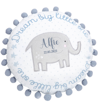 Personalised Cushion Newborn Baby Boy Gift Blue Elephant Dream Big Little One Customised Pillow Present Godson Grandson 30cm - Hoolaroo