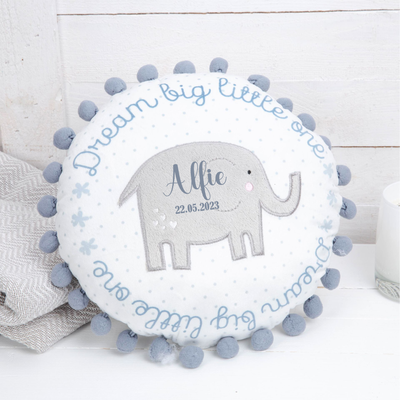 Personalised Cushion Newborn Baby Boy Gift Blue Elephant Dream Big Little One Customised Pillow Present Godson Grandson 30cm - Hoolaroo