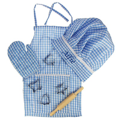 Personalised Embroidered Kids Baking Set Apron cutters Chef Hat Blue Gift Box - Hoolaroo