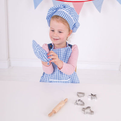 Personalised Embroidered Kids Baking Set Apron cutters Chef Hat Blue Gift Box - Hoolaroo