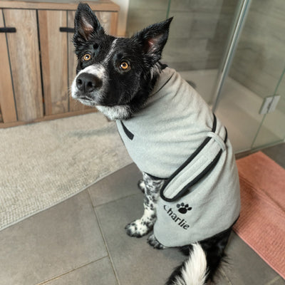 Personalised Dog Bath Robe - Adjustable Grey Black Dog Drying Towel, Bathrobe for Dogs, Unique Gift Clothing - Hoolaroo