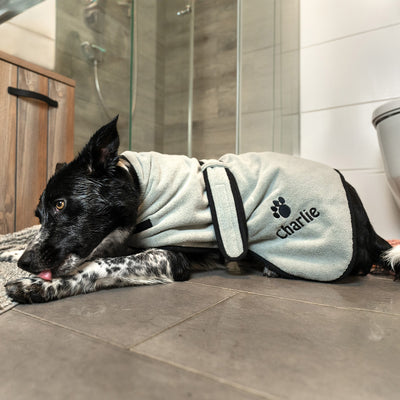 Personalised Dog Bath Robe - Adjustable Grey Black Dog Drying Towel, Bathrobe for Dogs, Unique Gift Clothing - Hoolaroo