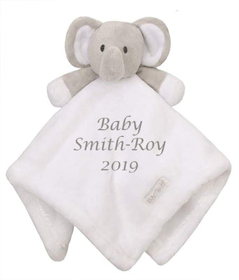 Personalised Embroidered Baby Soft Unisex White Elephant Comforter Gift Blankie - Hoolaroo