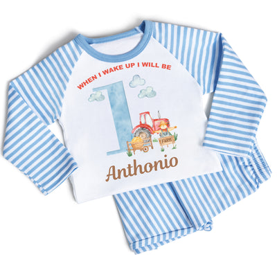 Personalised Birthday Pyjamas Boys Farm Theme First Birthday I am Four Two Three Toddler Children's Today When I Wake Up Blue
