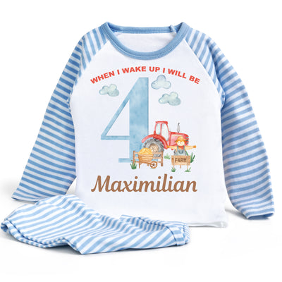Personalised Birthday Pyjamas Boys Farm Theme First Birthday I am Four Two Three Toddler Children's Today When I Wake Up Blue