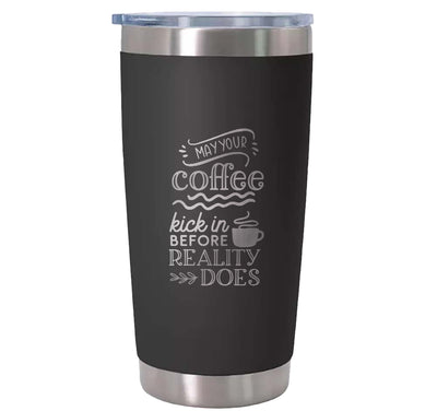 Funny Travel Mug May Your Coffee Kick in Before Reality Does Present Funny Coffee Mugs for Women Mum Dad Him Her Reusable Coffee Cups Insulated Thermal Flask Hot Drinks Cup with Lid - Hoolaroo