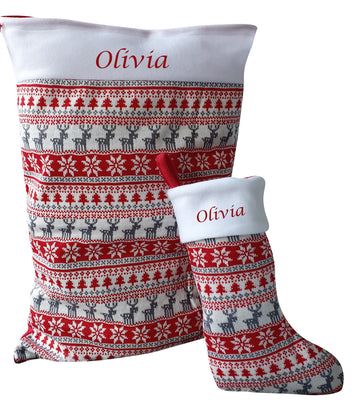 Personalised Embroidered Large Nordic Christmas Gift Sack & Stocking Set Bag Red Silver - Hoolaroo