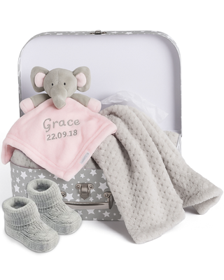 Personalised Embroidered Baby Pink Elephant Silver Blanket Gift Set
