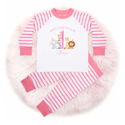 Personalised Birthday Pyjamas for Baby & Toddler Girls - Pink Jungle Animal Party PJs, Ages 6 Months to 4 Years - Custom Age Reveal Sleepwear - Hoolaroo