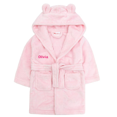 Embroidered Personalised Soft Baby Pink Dressing Gown Bath Robe Teddy Ears - Hoolaroo