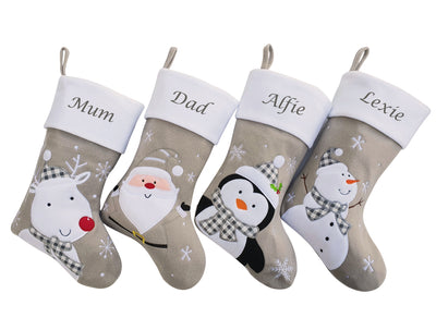 Personalised Embroidered Christmas Stocking Silver Santa Reindeer Penguin Snowman - Hoolaroo