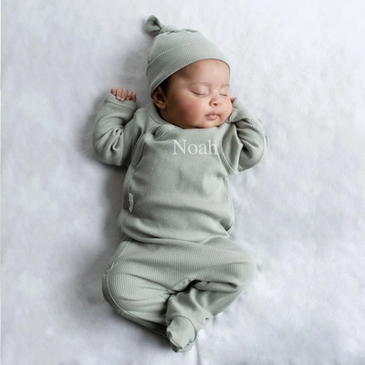 Personalised Embroidered Sleepsuit & Matching Baby Hat - 0-3 Months Custom Pyjamas - 100% Cotton, Earth Colours, OEKO-TEX Certified - Hoolaroo