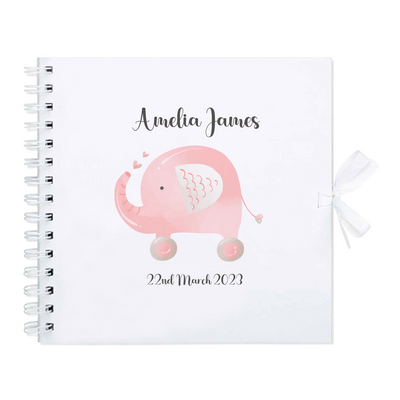 Personalised Baby Girl Pink Elephant DIY Handmade Scrapbook Album for First Year Memories Gift - White Photo Album Scrap Book Newborn 20cm - Hoolaroo