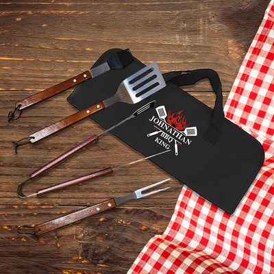 Personalised 4-Piece BBQ King Gift Set - Stainless Steel Tongs, Wooden Handles, Custom Apron - Ideal Men's Present - Hoolaroo