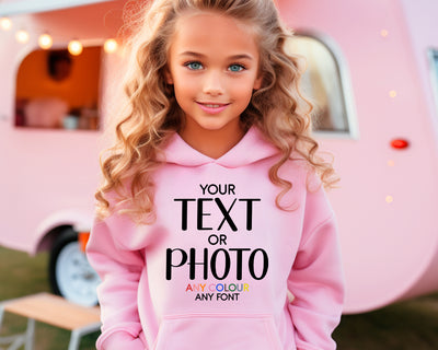Custom Kids Hoodie: Personalised Photo & Text Design - Pink Girls Sweatshirt - Hoolaroo
