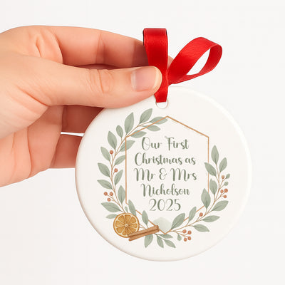 Personalised First Christmas As Mr & Mrs Bauble – Customised First Christmas Ornament Couple – Unique First Christmas Married Tree Decoration – Wedding Keepsake Gift for Newlyweds