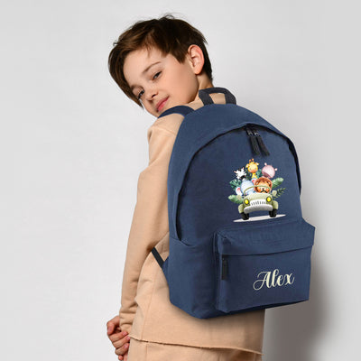 Personalised Jungle Jeep Backpack for Boys and Girls Large 18L Kids Rucksack Navy Blue Design School Bag for Nursery and Toddlers Customisable Children's Baby Pack - Hoolaroo