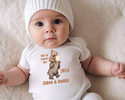 Personalised First Fathers Day Babygrow Gift from Baby Daddy Newborn 1st Fathers Day Present Newborn - 6-9 Month Bear Parent Design Vest Bib - Hoolaroo