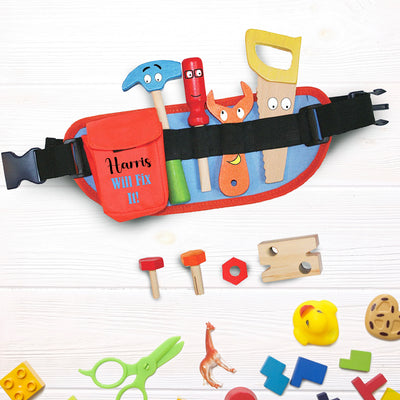 Personalised Wooden Toy Tool Belt 9 Pieces - Perfect Craft Kit Set Gift For 3 Year Old Boys - Hoolaroo