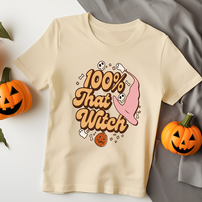 Retro Halloween Women's T-Shirt Gift - Seasonal Design with 100% That Witch - Hoolaroo