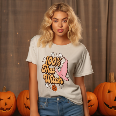 Retro Halloween Women's T-Shirt Gift - Seasonal Design with 100% That Witch - Hoolaroo