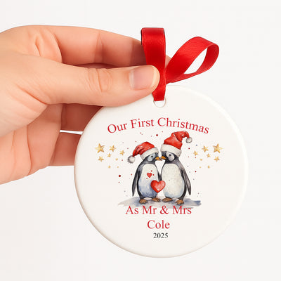 Personalised First Xmas Penguins Mr and Mrs Ornament  First xmas Married Bauble  Custom Couple Wedding Decoration