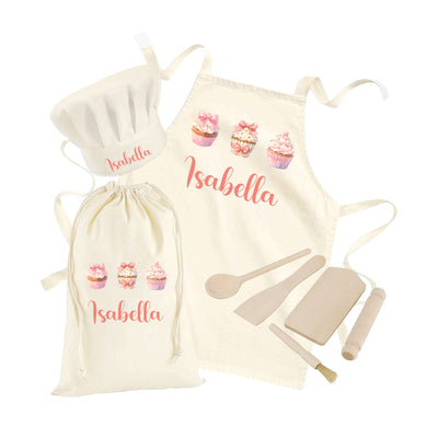 Personalised Kids Aprons For Girls Cooking Childrens Baking Gift Set Custom Apron Hat Kids Cooking Utensils Wooden Tools Pink Cupcake