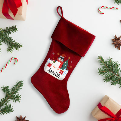 Personalised Christmas Stockings for Kids, Baby, Toddler - Red Velvet Style Xmas Penguin - Hoolaroo